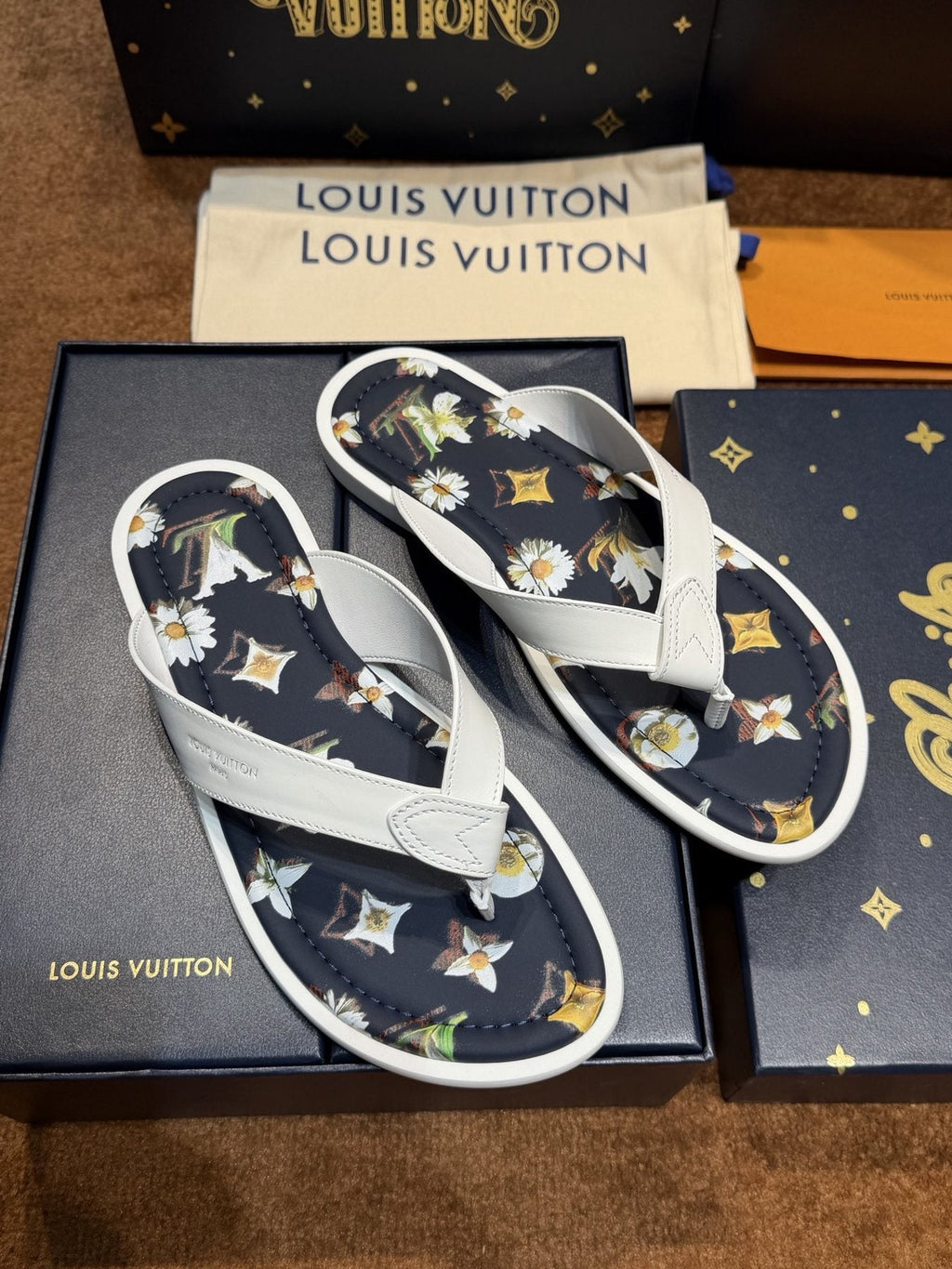 Louis Vuitton White & Navy Floral Flip-Flops — front