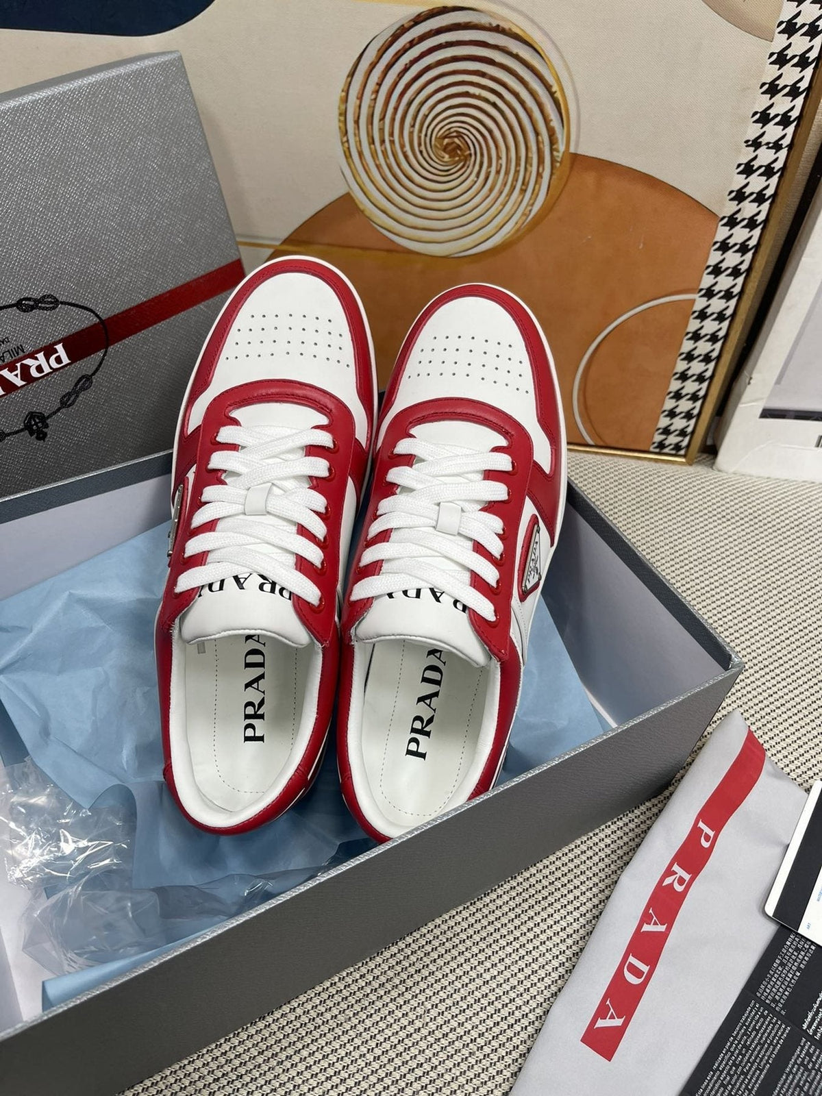 Prada Red and White Low-Top Sneakers — front