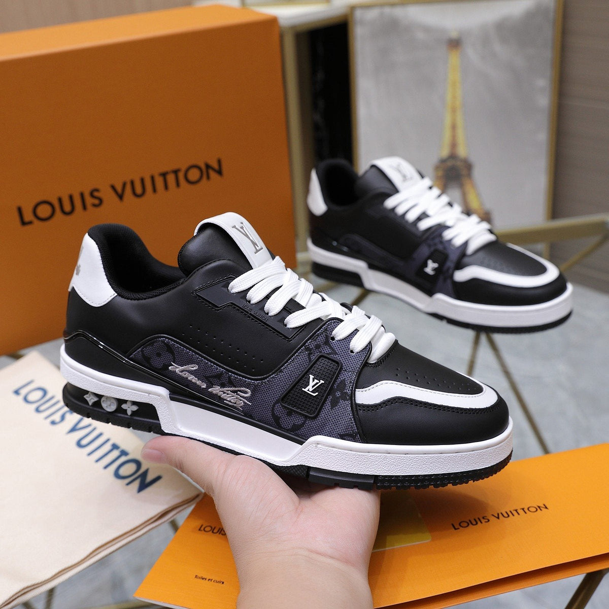 Louis Vuitton Black and White Low-Top Sneakers — front