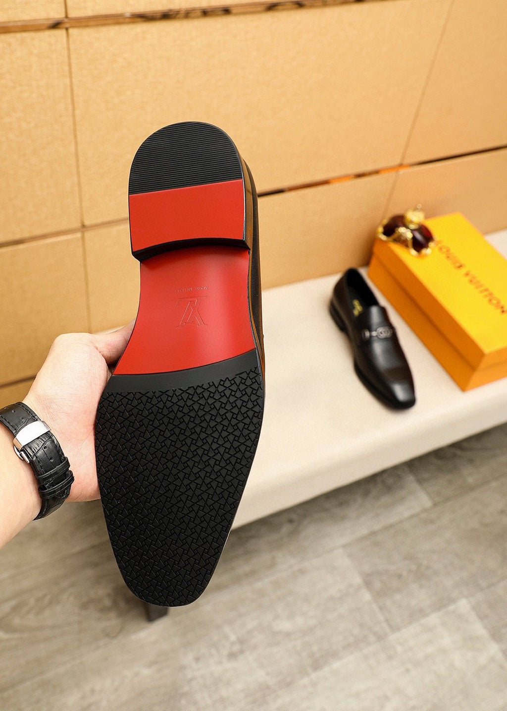 Louis Vuitton Metal-Bit Leather Loafers — detail