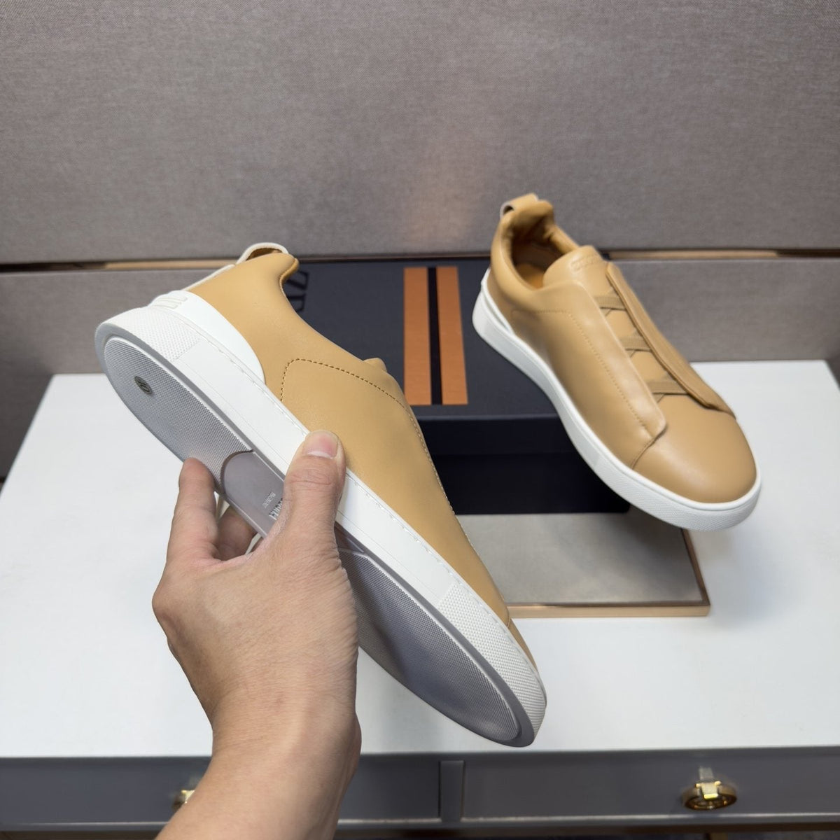 ZEGNA Brown Leather Slip-On Sneakers — model