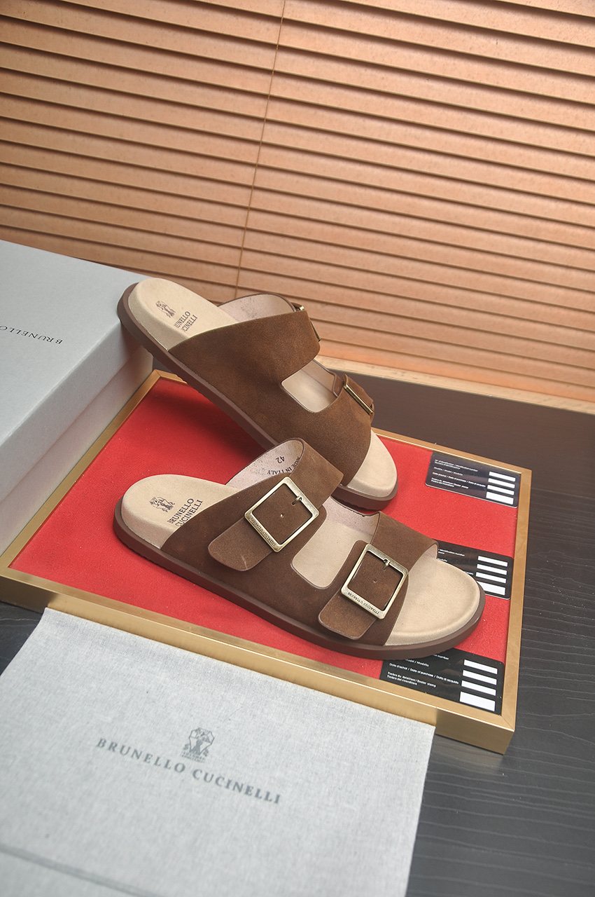 Brunello Cucinelli Tan Double-Buckle Slide Sandals — front