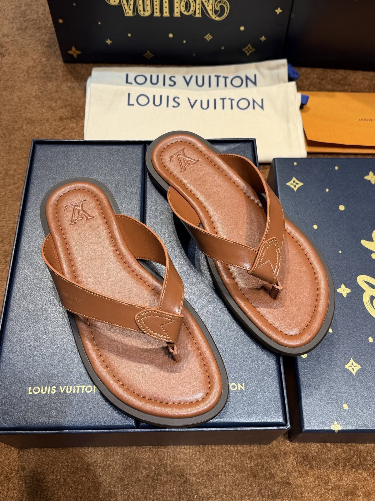Louis Vuitton Tan Brown Thong Sandals — front