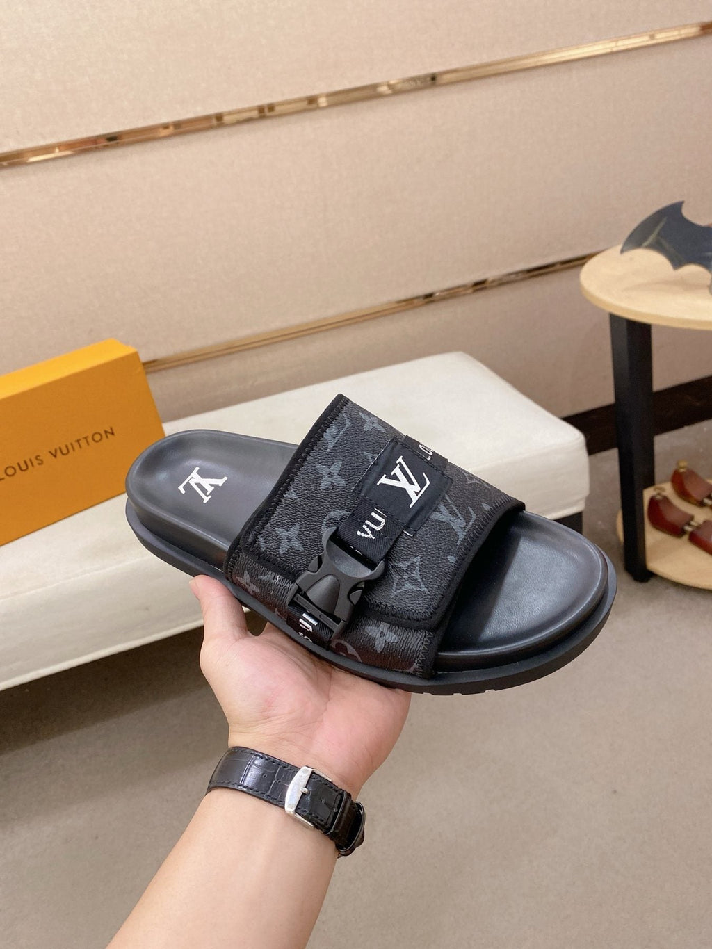 Louis Vuitton Monogram Buckle Slide Sandals — side