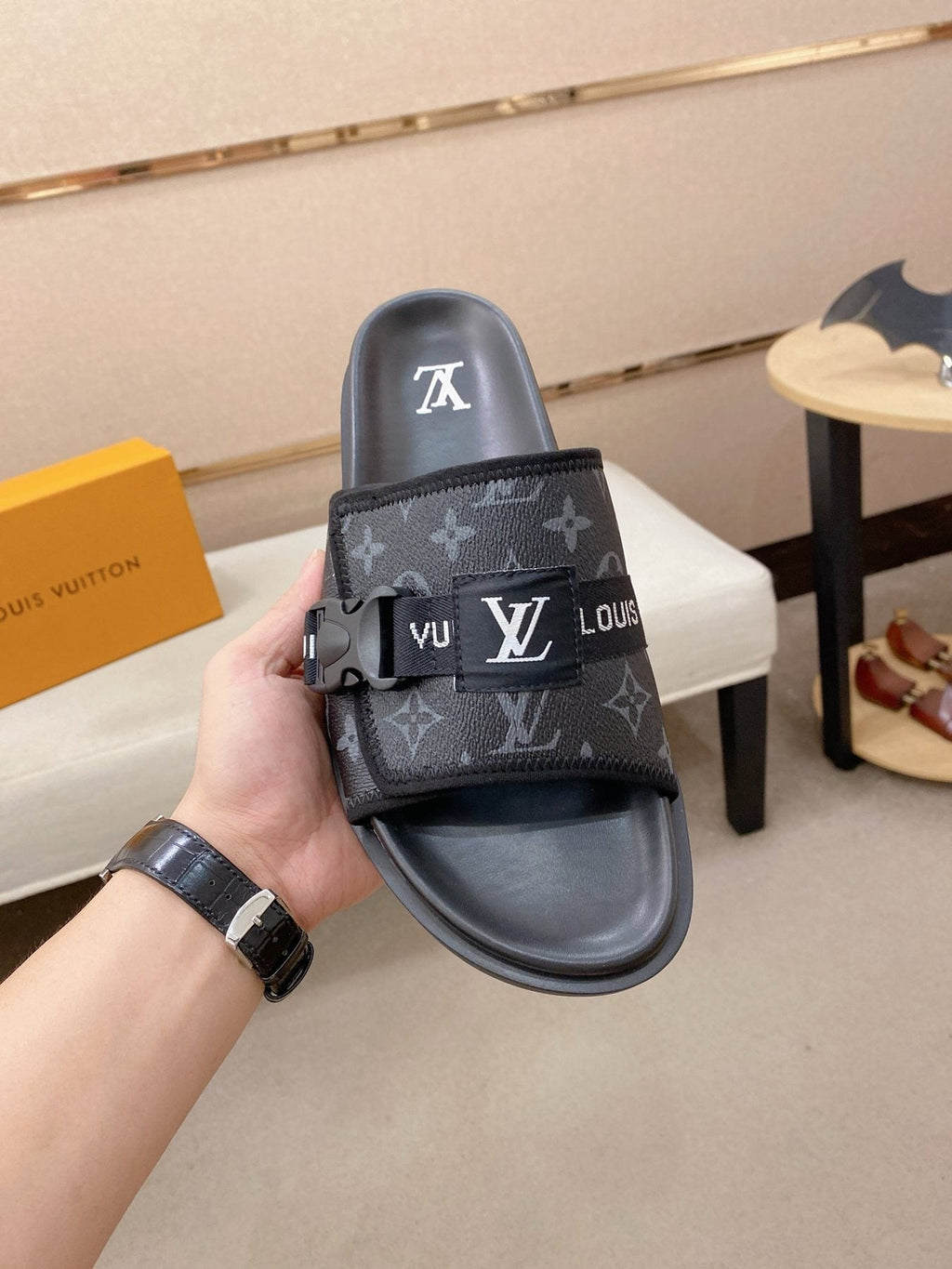 Louis Vuitton Monogram Buckle Slide Sandals — front
