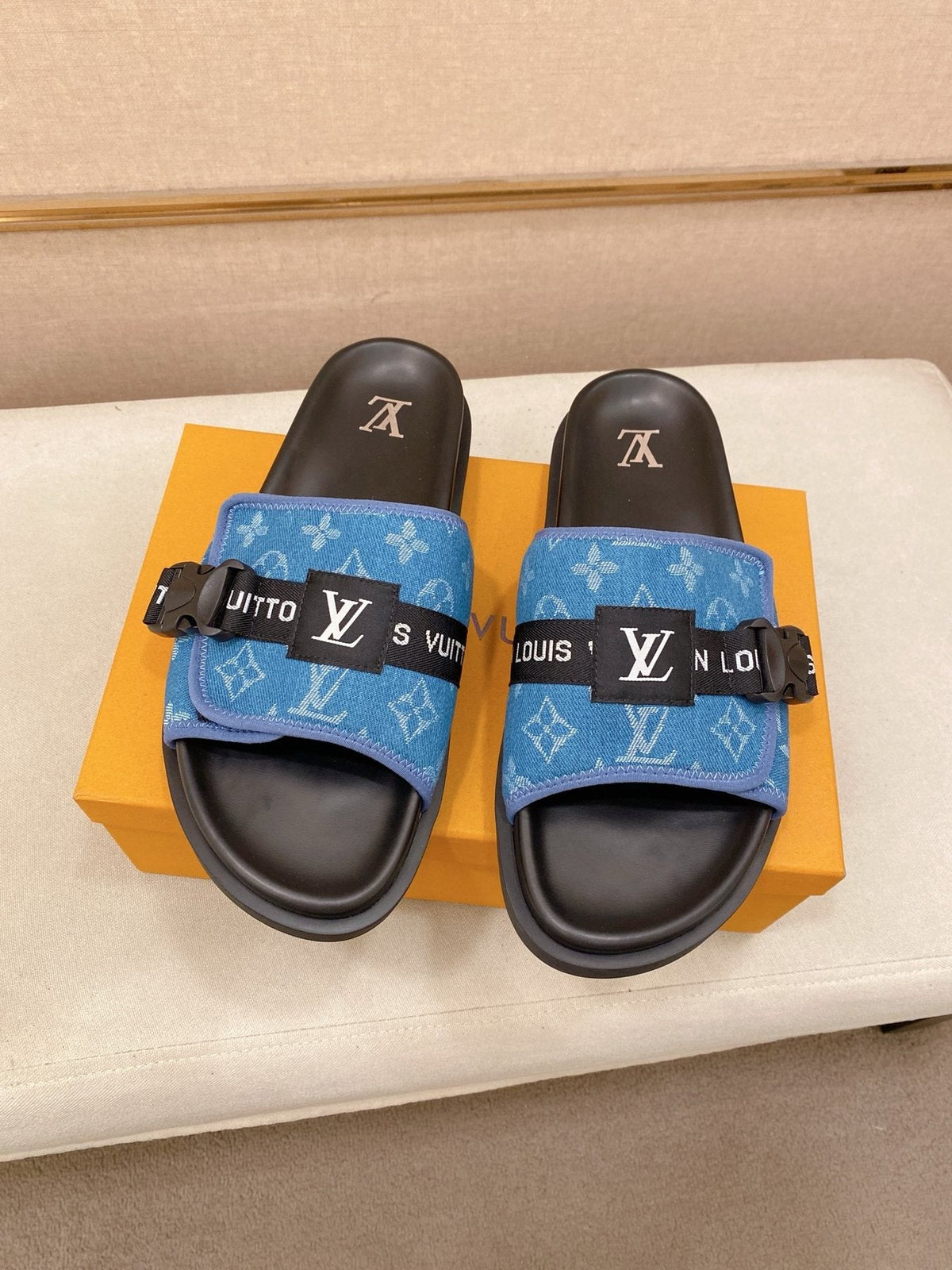 Louis Vuitton Monogram Buckle Slide Sandals — side