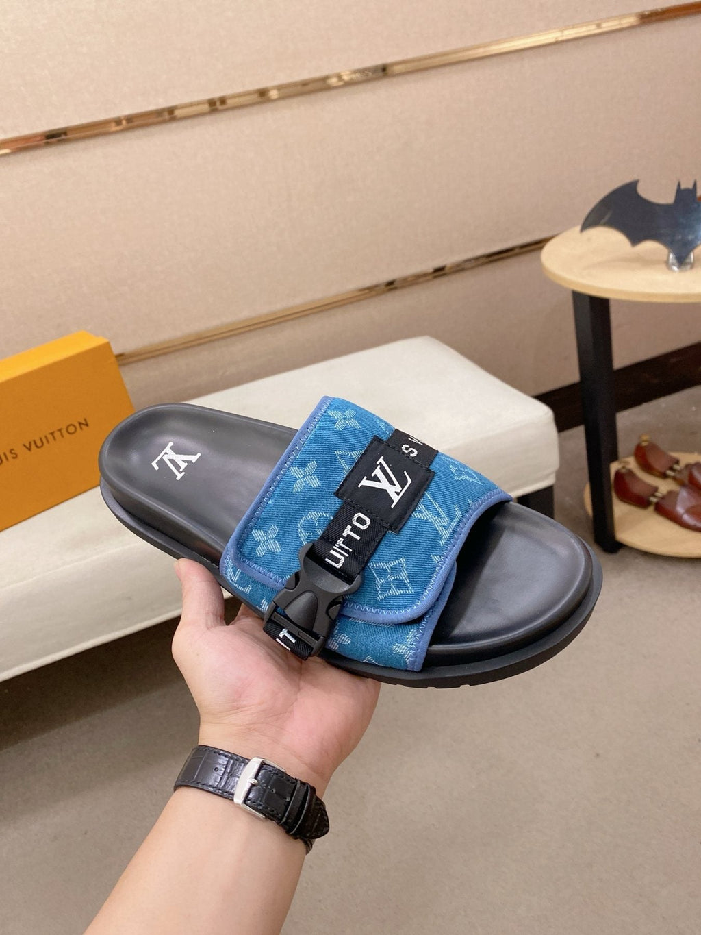 Louis Vuitton Monogram Buckle Slide Sandals — front
